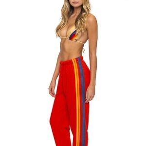 Aviator Nation Vibrant Red Joggers with Rainbow Stripes